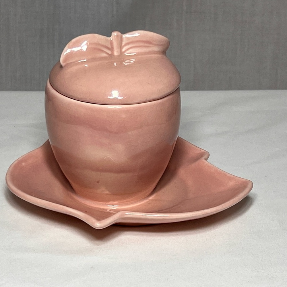 Pink ceramic, apple, leaf dish canister, sugar, creamer, jelly red wing pottery